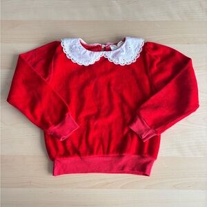 Vintage Red Velvet Sweater with White Lace Collar 6Y Kids.
